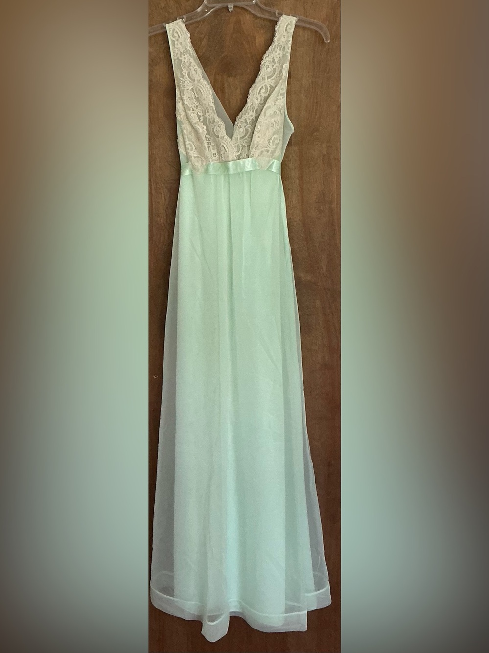 VTG Shadowline Peignoir Set Mint Green Nylon Chiffon Nightgown Gown Robe Lace S - Picture 6 of 16